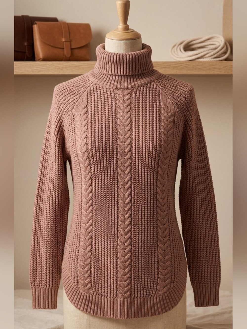 Suzy Shier Dusty Rose Chunky Cable Knit Turtleneck Sweater - Size S
